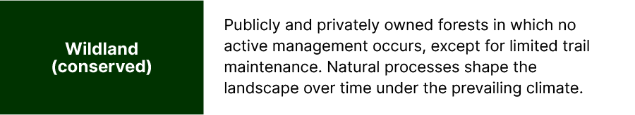 On-screen text: Wildland (conserved). Publicly and privately owned forests in which no active management occurs, except for limited trail maintenance. Natural processes shape the landscape over time under the prevailing climate.